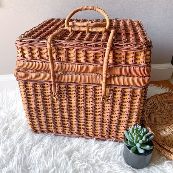 Vintage Boho Large Square Wicker Picnic Basket